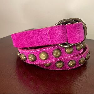 Genuine Suede Fuchsia Pink Bronze Studded Double Ring Buckle Women’s Belt